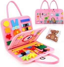 TABLICA SENSORYCZNA MANIPULACYJNA MONTESSORI ZEGAR MATERIAŁOWA NAUKA RÓŻOWA